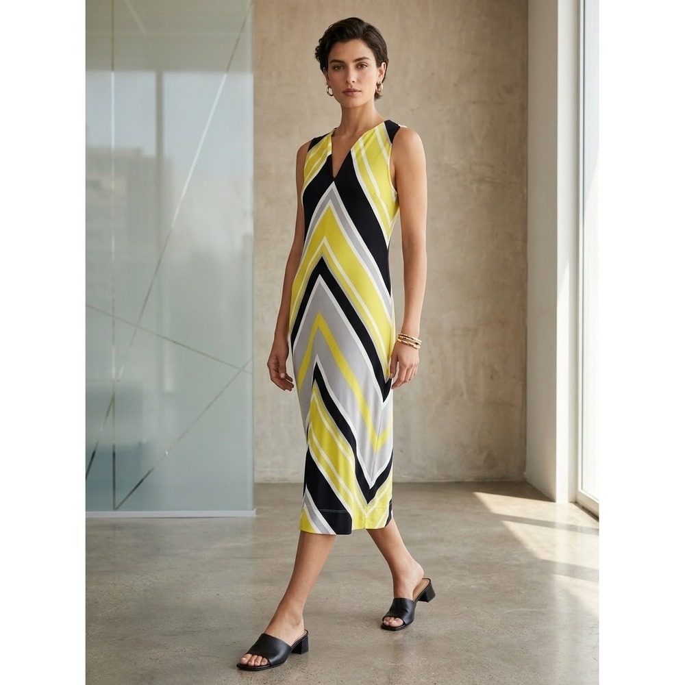 Banana Republic Milly Collection Chevron Stripe V-Neck Midi Dress Lime Navy 2